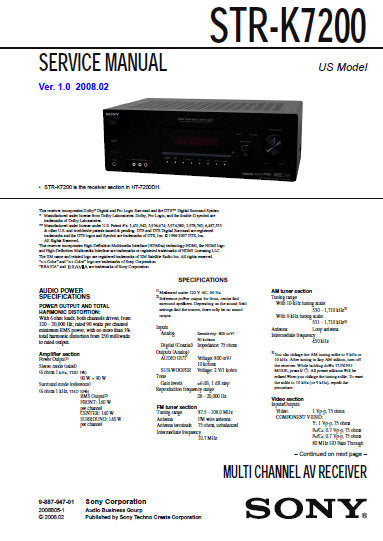 SONY STR-K7200 MULTICHANNEL AV RECEIVER SERVICE MANUAL INC BLK DIAGS PCBS SCHEM DIAGS AND PARTS LIST 84 PAGES ENG