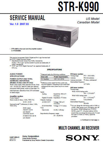SONY STR-K990 MULTICHANNEL AV RECEIVER SERVICE MANUAL INC BLK DIAGS PCBS SCHEM DIAGS AND PARTS LIST 62 PAGES ENG