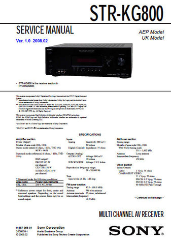 SONY STR-KG800 MULTICHANNEL AV RECEIVER SERVICE MANUAL INC BLK DIAGS PCBS SCHEM DIAGS AND PARTS LIST 80 PAGES ENG