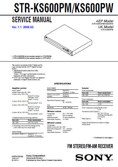 SONY STR-KS600PM STR-KS600PW FM STEREO FM AM RECEIVER SERVICE MANUAL INC BLK DIAGS PCBS SCHEM DIAGS AND PARTS LIST 54 PAGES ENG