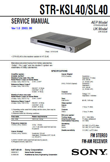 SONY STR-KSL40 STR-SL40 FM STEREO FM AM RECEIVER SERVICE MANUAL INC BLK DIAGS PCBS SCHEM DIAGS AND PARTS LIST 33 PAGES ENG