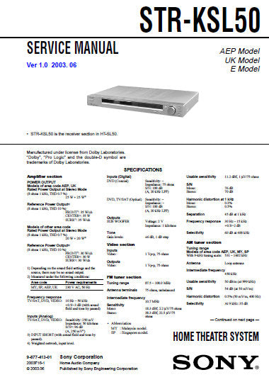 SONY STR-KSL50 HOME THEATER SYSTEM SERVICE MANUAL INC BLK DIAGS PCBS SCHEM DIAGS AND PARTS LIST 34 PAGES ENG