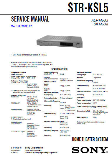 SONY STR-KSL5 HOME THEATER SYSTEM SERVICE MANUAL INC BLK DIAGS PCBS SCHEM DIAGS AND PARTS LIST 38 PAGES ENG