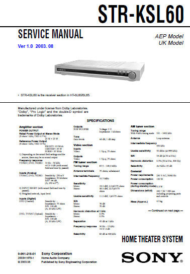 SONY STR-KSL60 HOME THEATER SYSTEM SERVICE MANUAL INC BLK DIAGS PCBS SCHEM DIAGS AND PARTS LIST 31 PAGES ENG