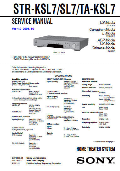 SONY STR-KSL7 STR-SL7 TA-KSL7 HOME THEATER SYSTEM SERVICE MANUAL INC BLK DIAGS PCBS SCHEM DIAGS AND PARTS LIST 42 PAGES ENG