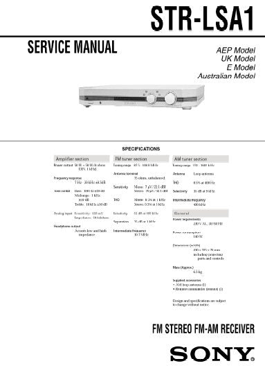 SONY STR-LSA1 FM STEREO FM AM RECEIVER SERVICE MANUAL INC BLK DIAGS PCBS SCHEM DIAGS AND PARTS LIST 48 PAGES ENG