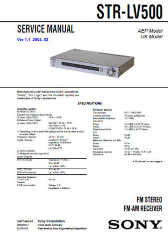 SONY STR-LV500 FM STEREO FM AM RECEIVER SERVICE MANUAL INC BLK DIAGS PCBS SCHEM DIAGS AND PARTS LIST 44 PAGES ENG