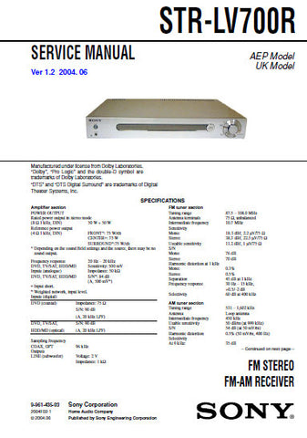 SONY STR-LV700R FM STEREO FM AM RECEIVER SERVICE MANUAL INC BLK DIAGS PCBS SCHEM DIAGS AND PARTS LIST 46 PAGES ENG