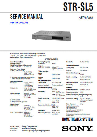 SONY STR-SL5 HOME THEATER SYSTEM SERVICE MANUAL INC BLK DIAGS PCBS SCHEM DIAGS AND PARTS LIST 38 PAGES ENG