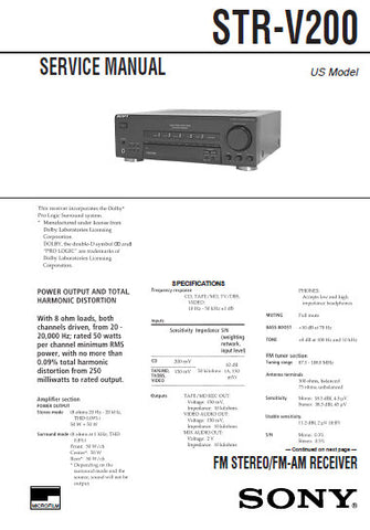 SONY STR-V200 FM STEREO FM AM RECEIVER SERVICE MANUAL INC PCBS SCHEM DIAGS AND PARTS LIST 32 PAGES ENG