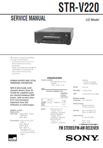 SONY STR-V220 FM STEREO FM AM RECEIVER SERVICE MANUAL INC PCBS SCHEM DIAGS AND PARTS LIST 28 PAGES ENG