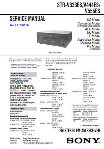 SONY STR-V333ES STR-V444ES STR-V555ES FM STEREO FM AM RECEIVER SERVICE MANUAL INC PCBS SCHEM DIAGS AND PARTS LIST 104 PAGES ENG