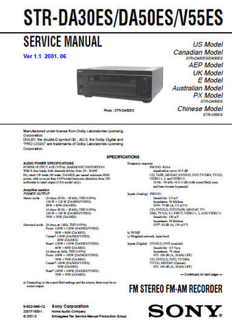 SONY STR-V55ES STR-DA50ES STR-DA30ES FM STEREO FM AM RECEIVER SERVICE MANUAL INC BLK DIAGS PCBS SCHEM DIAGS AND PARTS LIST 68 PAGES ENG