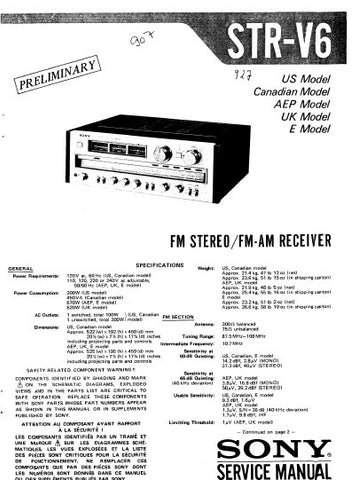 SONY STR-V6 FM STEREO FM AM RECEIVER SERVICE MANUAL INC BLK DIAG PCBS SCHEM DIAGS AND PARTS LIST 20 PAGES ENG