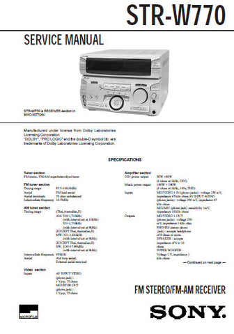 SONY STR-W770 FM STEREO FM AM RECEIVER SERVICE MANUAL INC PCBS SCHEM DIAGS AND PARTS LIST 29 PAGES ENG