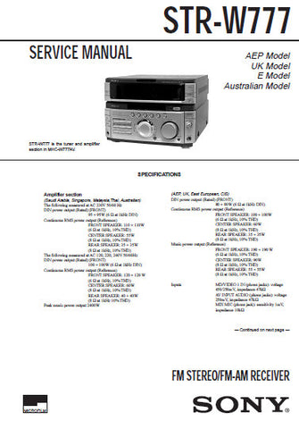 SONY STR-W777 FM STEREO FM AM RECEIVER SERVICE MANUAL INC BLK DIAGS PCBS SCHEM DIAGS AND PARTS LIST 64 PAGES ENG