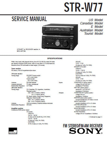 SONY STR-W77 FM STEREO FM AM RECEIVER SERVICE MANUAL INC PCBS SCHEM DIAGS AND PARTS LIST 39 PAGES ENG