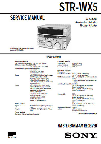 SONY STR-WX5 FM STEREO FM AM RECEIVER SERVICE MANUAL INC BLK DIAGS PCBS SCHEM DIAGS AND PARTS LIST 42 PAGES ENG