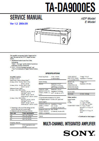 SONY TA-DA9000ES MULTI CHANNEL INTEGRATED AMPLIFIER SERVICE MANUAL INC BLK DIAGS PCBS SCHEM DIAGS AND PARTS LIST 194 PAGES ENG