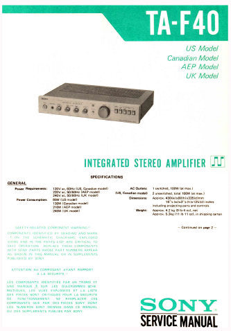 SONY TA-F40 INTEGRATED STEREO AMPLIFIER SERVICE MANUAL INC BLK DIAG PCBS SCHEM DIAG AND PARTS LIST 19 PAGES ENG
