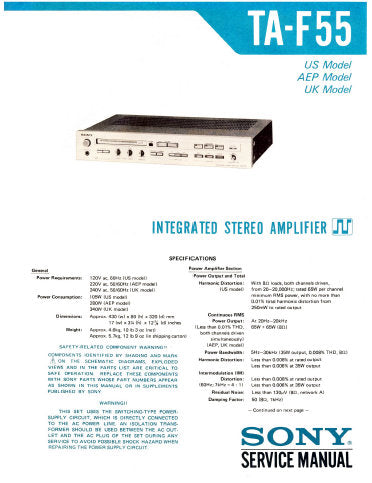 SONY TA-F55 INTEGRATED STEREO AMPLIFIER SERVICE MANUAL INC BLK DIAG PCBS SCHEM DIAG AND PARTS LIST 27 PAGES ENG