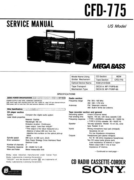 SONY CDF-775 CD RADIO CASSETTE CORDER MEGA BASS SERVICE MANUAL INC BLK DIAG PCBS SCHEM DIAGS AND PARTS LIST 69 PAGES ENG