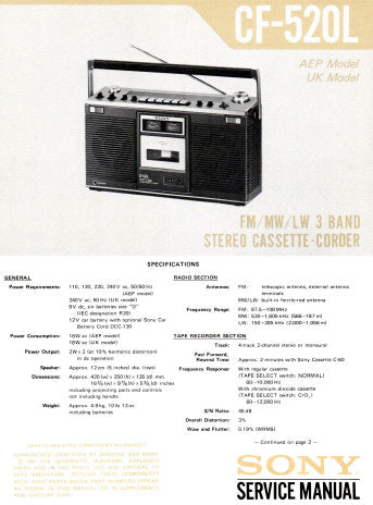 SONY CF-520L FM MW LW 3 BAND STEREO CASSETTE-CORDER STEREO RADIO CASSETTE RECORDER SERVICE MANUAL INC BLK DIAG PCBS SCHEM DIAG AND PARTS LIST 28 PAGES ENG