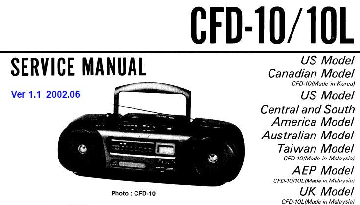 SONY CFD-10 CFD-10L CD RADIO CASSETTE-CORDER CD RADIO CASSETTE RECORDER SERVICE MANUAL INC BLK DIAGS PCBS SCHEM DIAGS AND PARTS LIST 50 PAGES ENG