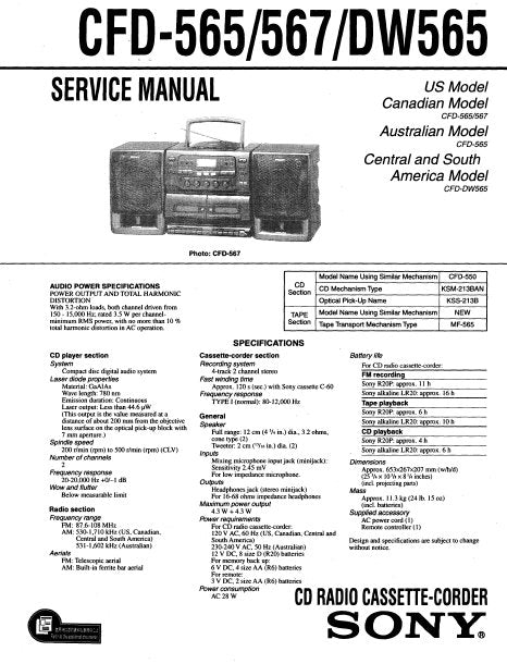 SONY CFD-565 CFD-567 CFD-DW565 CD RADIO CASSETTE CORDER SERVICE MANUAL INC PCBS SCHEM DIAG AND PARTS LIST 54 PAGES ENG