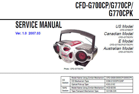 SONY CFD-G700CP CFD-G770CP CFD-G770CPK CD RADIO CASSETTE-CORDER SERVICE MANUAL INC BLK DIAGS PCBS SCHEM DIAGS AND PARTS LIST 70 PAGES ENG