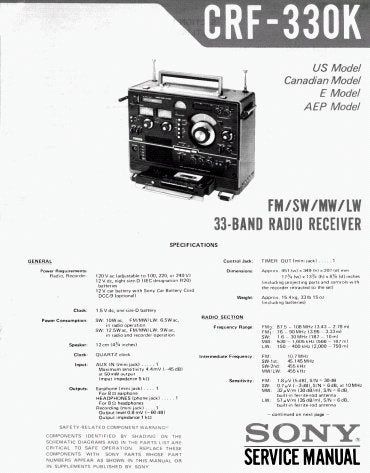 SONY CRF-330K FM SW MW LW 33 BAND RADIO RECEIVER AND CASSETTE TAPE RECORDER  SERVICE MANUAL INC BLK DIAG SCHEM DIAGS PCBS AND PARTS LIST 107 PAGES ENG