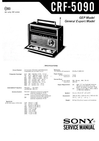 SONY CRF-5090 MULTI BAND RADIO RECEIVER SERVICE MANUAL INC BLK DIAG PCBS SCHEM DIAG AND PARTS LIST 20 PAGES ENG