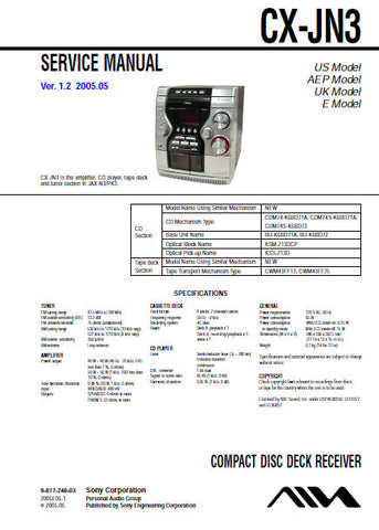 SONY CX-JN3 CD DECK RECEIVER SERVICE MANUAL INC BLK DIAGS PCBS SCHEM DIAGS AND PARTS LIST 76 PAGES ENG