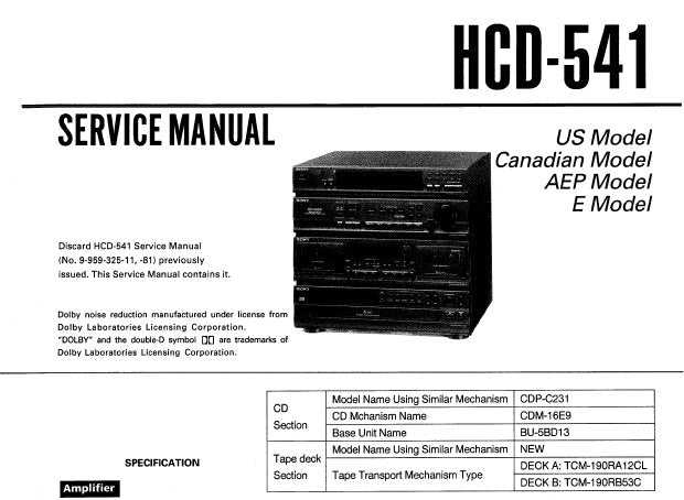 SONY HCD-541 CD DECK RECEIVER SERVICE MANUAL INC HOOKUP DIAG BLK DIAG SCHEM DIAGS PCBS AND PARTS LIST 56 PAGES ENG
