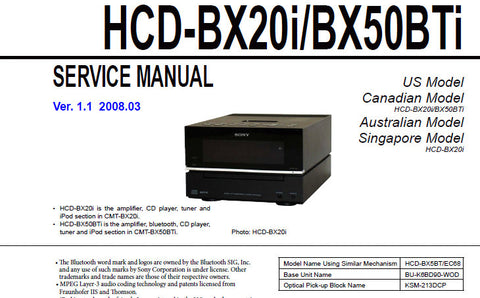 SONY HCD-BX20i HCD-BX50BTi CD RECEIVER SERVICE MANUAL INC BLK DIAGS SCHEM DIAGS PCBS AND PARTS LIST 70 PAGES ENG