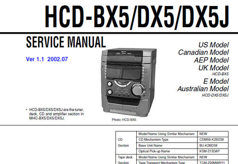 SONY HCD-BX5 HCD-DX5 HCD-DX5J CD DECK RECEIVER SERVICE MANUAL INC BLK DIAG PCBS SCHEM DIAGS AND PARTS LIST 66 PAGES ENG