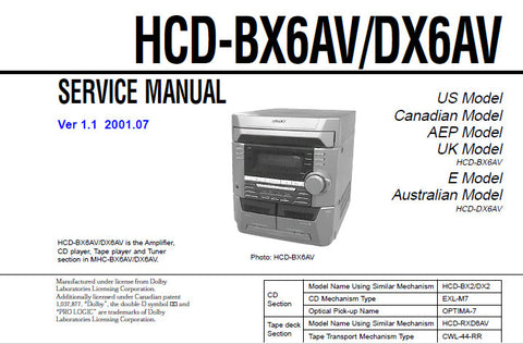 SONY HCD-BX6AV HCD-DX6AV CD DECK RECEIVER SERVICE MANUAL INC SCHEM DIAGS PCBS BLK DIAGS AND PARTS LIST 64 PAGES ENG
