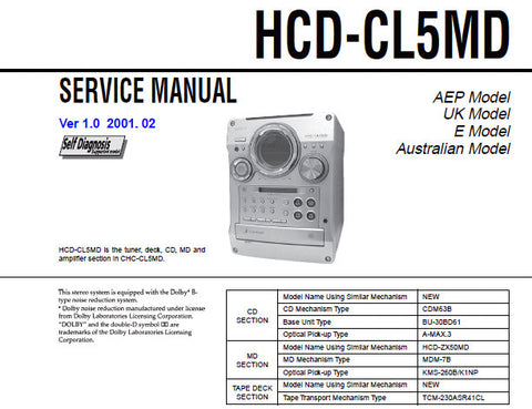 SONY HCD-CL5MD MICRO HI-FI COMPONENT SYSTEM SERVICE MANUAL INC BLK DIAGS PCBS SCHEM DIAGS AND PARTS LIST 112 PAGES ENG