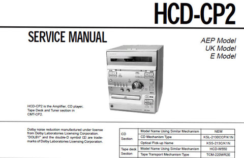 SONY HCD-CP2 MICRO HIFI COMPONENT SYSTEM SERVICE MANUAL INC BLK DIAGS PCBS SCHEM DIAGS AND PARTS LIST 64 PAGES ENG