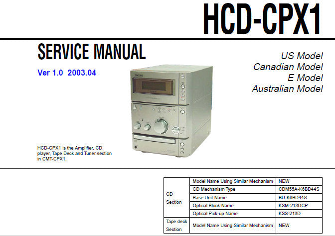 SONY HCD-CPX1 CD DECK RECEIVER SERVICE MANUAL INC BLK DIAGS PCBS AND SCHEM DIAGS 31 PAGES ENG