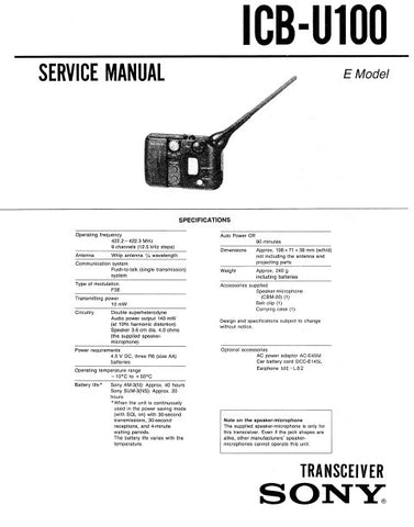 SONY ICB-U100 TRANSCEIVER SERVICE MANUAL INC BLK DIAG PCBS SCHEM DIAG AND PARTS LIST 23 PAGES ENG