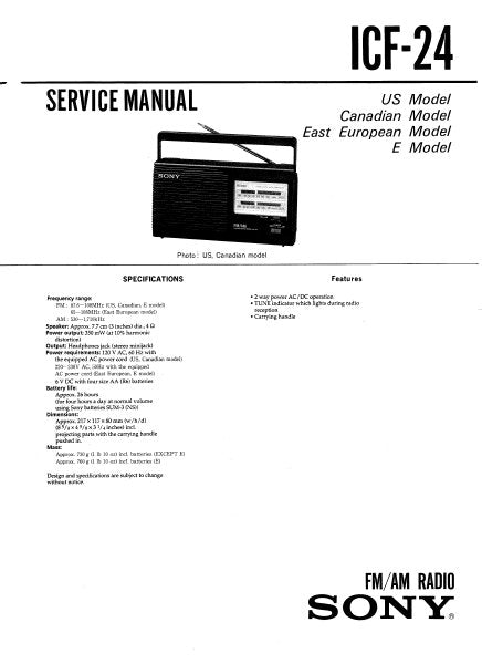 SONY ICF-24 FM AM RADIO SERVICE MANUAL INC PCB SCHEM DIAG AND PARTS LIST 13 PAGES ENG