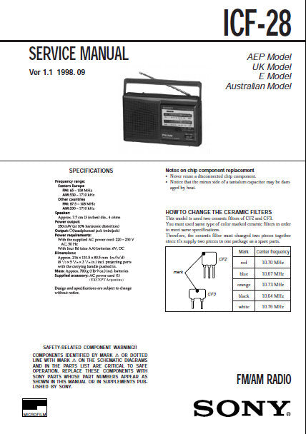 SONY ICF-28 FM AM RADIO SERVICE MANUAL INC PCB SCHEM DIAG AND PARTS LIST 8 PAGES ENG