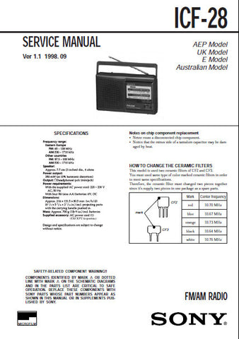 SONY ICF-28 FM AM RADIO SERVICE MANUAL INC PCB SCHEM DIAG AND PARTS LIST 8 PAGES ENG