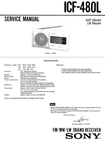 SONY ICF-480L FM MW LW 3 BAND RECEIVER SERVICE MANUAL INC PCB SCHEM DIAG AND PARTS LIST 10 PAGES ENG
