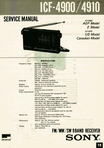 SONY ICF-4900 ICF-4910 FM MW SW 9 BAND RECEIVER SERVICE MANUAL INC BLK DIAG PCBS SCHEM DIAG AND PARTS LIST 11 PAGES ENG