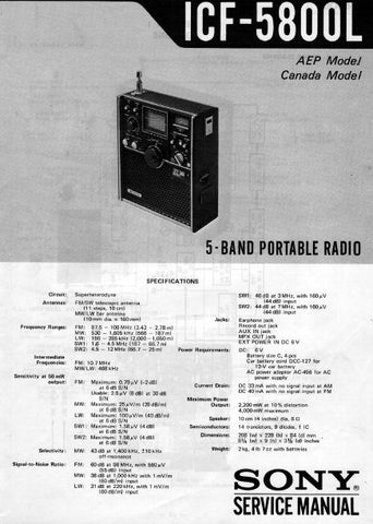 SONY ICF-5800L 5 BAND PORTABLE RADIO SERVICE MANUAL INC BLK DIAG PCBS SCHEM DIAG AND PARTS LIST 25 PAGES ENG