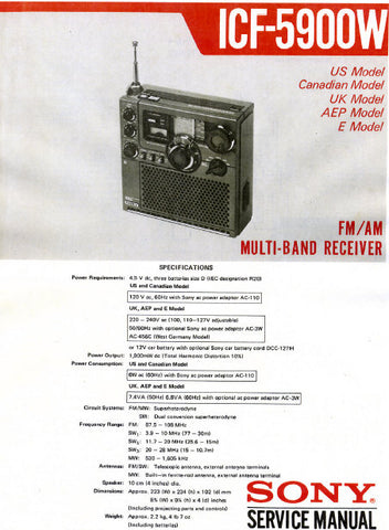 SONY ICF-5900W FM AM MULTI BAND RECEIVER SERVICE MANUAL INC BLK DIAG PCBS SCHEM DIAG AND PARTS LIST 12 PAGES ENG