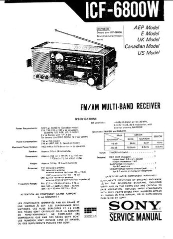 SONY ICF-6800W FM AM MULTI BAND RECEIVER SERVICE MANUAL INC BLK DIAG PCBS SCHEM DIAG AND PARTS LIST 88 PAGES ENG
