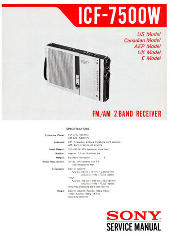 SONY ICF-7500W FM AM 2 BAND RECEIVER SERVICE MANUAL INC BLK DIAG PCBS SCHEM DIAG AND PARTS LIST 13 PAGES ENG